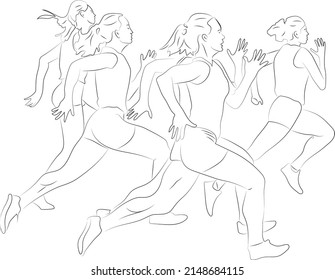 Single continuous line drawing female runners. sporty women. Outline marathon running. Workout womens.