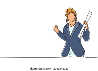 Single continuous line drawing female architect with celebrate gesture and wearing helmet carried building construction drawing paper. Success person. One line draw graphic design vector illustration