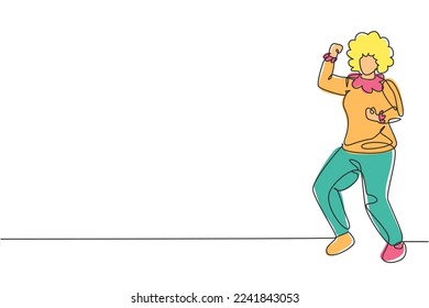 Single continuous line drawing female clown stands with celebrate gesture wearing wig and clown costume ready to entertain audience in circus arena. One line draw graphic design vector illustration
