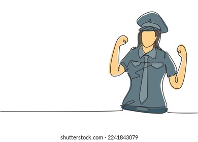 Piloto de línea continua única hembra piloto con gesto de celebración y uniforme completo listo para volar con tripulación de cabina en aviones en el aeropuerto internacional. ilustración vectorial de diseño gráfico de una línea