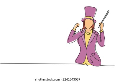 Single continuous line drawing female magician with celebrate gesture wearing hat and holding magic stick ready to entertain audience at television. One line draw graphic design vector illustration