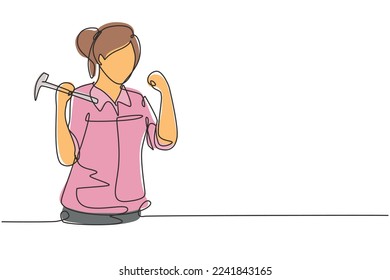 Dibujo continuo de una sola línea de carpintero femenino con gestos festejos de celebración en talleres de fabricación de productos de madera. Habilidades en el uso de herramientas de carpintería. ilustración vectorial de diseño gráfico de una línea