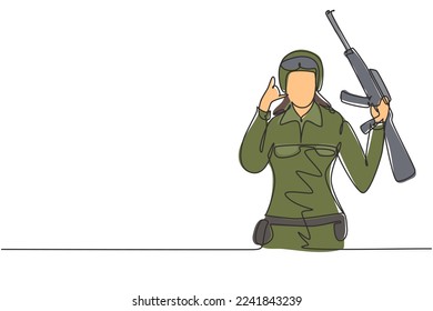 Una sola línea contínua dibujando a una soldado llamándome gesto, arma y uniforme está lista para defender al país en el campo de batalla contra el enemigo. ilustración vectorial de diseño gráfico de una línea dinámica