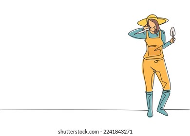 Single continuous line drawing female farmer stood with call me gesture, wearing straw hat and carrying mini shovel to plant crops on farmland. Dynamic one line draw graphic design vector illustration