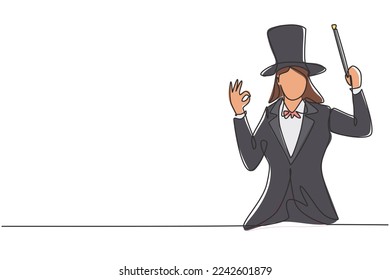Single continuous line drawing female magician with gesture okay wearing hat and holding magic stick ready to entertain audience at television show. One line draw graphic design vector illustration