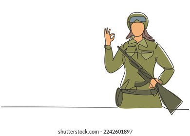 Single continuous line drawing female soldiers with weapon, uniform, gesture okay is ready to defend the country on battlefield against enemy. Dynamic one line draw graphic design vector illustration