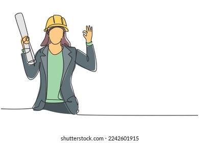 Single continuous line drawing female architect with gesture okay and wearing helmet carried building construction drawing paper. Success business. One line draw graphic design vector illustration