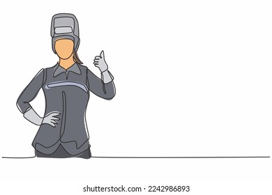 Single continuous line drawing female welder with a thumb-up gesture works in the construction of a building forming a steel frame melted by fire. One line draw graphic design vector illustration