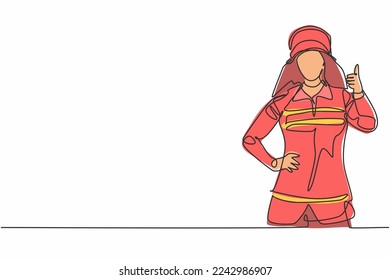 Single continuous line drawing female firefighters in uniform complete with a thumbs-up gesture prepare to put out the fire that burned the building. One line draw graphic design vector illustration