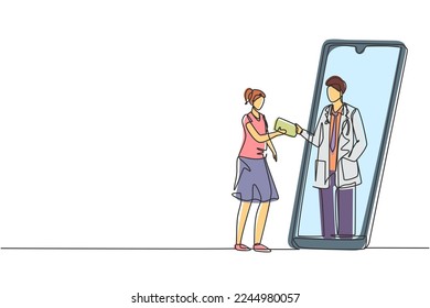 Single continuous line drawing female patient receiving prescription from male doctor in smartphone. Online medical consultation concept. Dynamic one line draw graphic design vector illustration