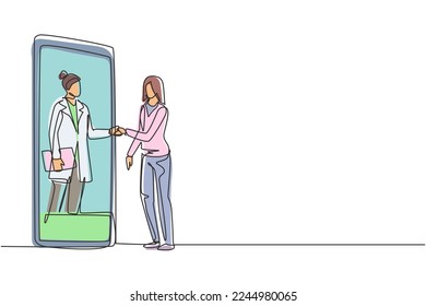 Single continuous line drawing female patient shaking hands with female doctor in smartphone holding clipboard. Online medical consultation concept. One line draw graphic design vector illustration