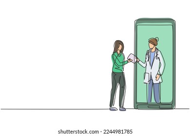 Una única línea continua dibujando a una paciente que recibe receta de una doctora en smartphone. Concepto de consulta médica en línea. ilustración vectorial de diseño gráfico de una línea dinámica