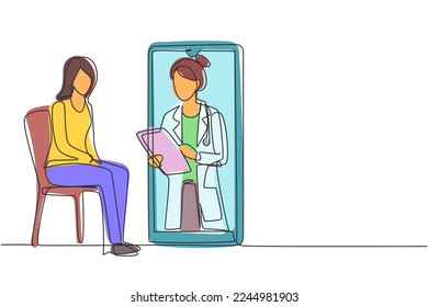Single continuous line drawing female doctor holding clipboard checking condition of female patient sitting on chair. Online consultation concept. One line draw graphic design vector illustration