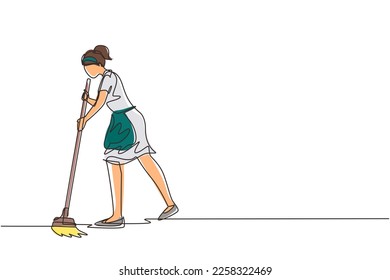 Single continuous line drawing female mopping floor at office. Cleaning workers. Professional cleaning staff, domestic cleaner worker and cleaners equipment. One line draw design vector illustration