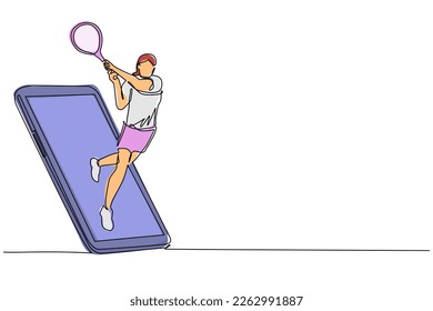 Una sola línea contínua dibujando a una jugadora de tenis golpeó a la pelota de su oponente saliendo de la pantalla del smartphone. Juegos deportivos móviles. Aplicación móvil de juego de tenis en línea. vector de diseño gráfico de tracción de línea
