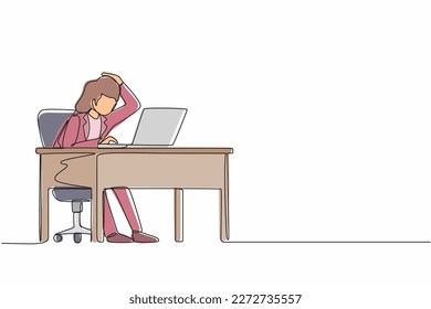 Single continuous line drawing female manager working computer laptop  Woman and question mark over head scratches back her head sitting in front laptop  One line draw graphic design vector