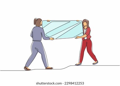 Single continuous line drawing female loaders carrying big mirror to new office. Two businesswomen with furniture in building hall. Moving to new apartment, delivery. One line graphic design vector