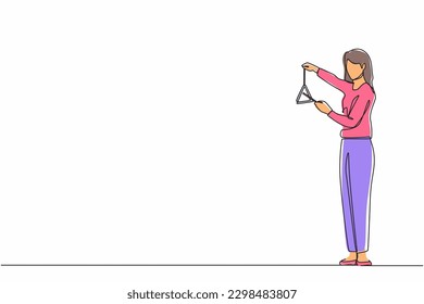 Single continuous line drawing female musician playing musical triangle. Classical music orchestra woman artist with music instrument. Professional musician performs on stage. One line design vector