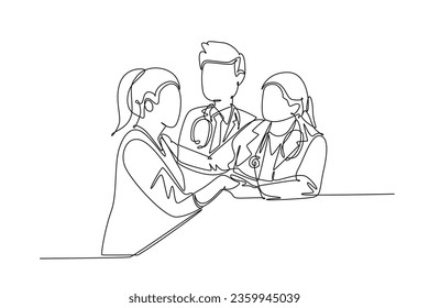 Una línea contínua dibujando a las obstetras y ginecólogas saludando y felicitando a la feliz madre embarazada por su embarazo. ilustración vectorial de diseño gráfico de una línea dinámica