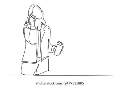 Eine durchgehende Linie Zeichnung weibliche Marketing-Manager diskutieren Verkaufsstrategie mit dem Personal am Telefon, während Tasse Kaffee. Tee trinken Konzept. Vektorillustration des Zeichnens eines Grafikdesigns mit einer Zeile