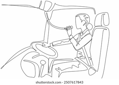 Single continuous line drawing female driver driving a bus while holding a microphone. Provide direction to the bus crew behind. Transit Driver Appreciation Day. One line design vector illustration