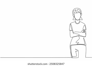 Single continuous line drawing female nurse crosses arms in front of chest. Pose. Appear calm in all situations. Spread kindness. Dedication. Certified Nurses Day. One line design vector illustration