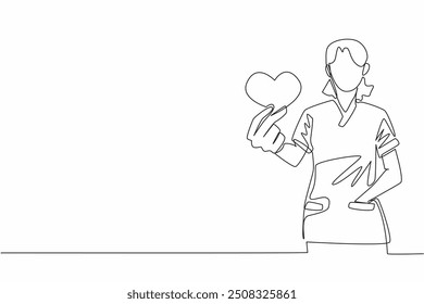 Single continuous line drawing female nurse holding a small heart-shaped pillow. Sign. Symbol. A sincere expression of gratitude. Devotion. Certified Nurses Day. One line design vector illustration