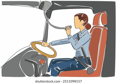 Single continuous line drawing female driver driving a bus while holding a microphone. Provide direction to the bus crew behind. Transit Driver Appreciation Day. One line design vector illustration