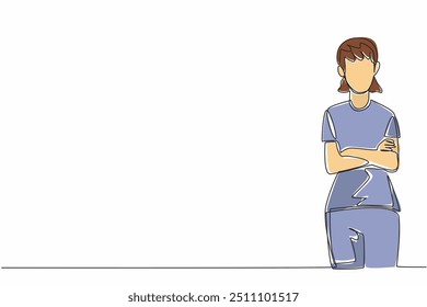 Single continuous line drawing female nurse crosses arms in front of chest. Pose. Appear calm in all situations. Spread kindness. Dedication. Certified Nurses Day. One line design vector illustration