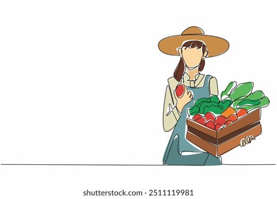 Linha única contínua desenhando a agricultora carregando caixa de madeira cheia de vegetais. Tomates na mão. Parece muito fresco e doce. Dia Nacional da Agricultura. Ilustração de vetor de design de uma linha