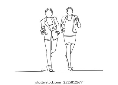Single continuous line drawing of female workers try to beat each others at running championship with her friend. Business running competition concept. One line draw graphic design vector illustration