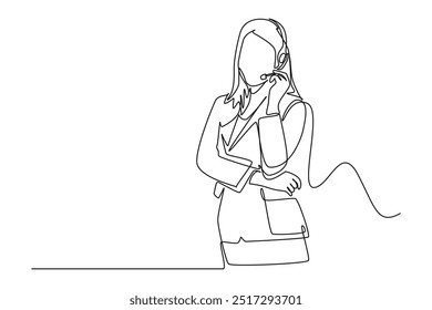 Desenho de linha única contínua de instrutora falando na frente de grande público para fazer apresentação motivacional. Conceito de centro público de formação. Ilustração de vetor de design gráfico com desenho de uma linha