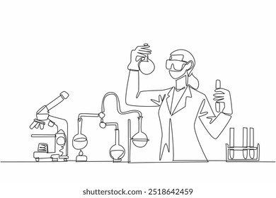 Linha única contínua desenhando cientista feminina imersa em pesquisa. Dedicação à descoberta científica. Inovação. Ciência. Tecnologia. Engenharia. Matemática. Ilustração de vetor de design de uma linha