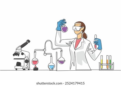 Eine einzige durchgehende Linie Zeichnung weibliche Wissenschaftlerin in die Forschung eingetaucht. Hingabe zu wissenschaftlichen Entdeckungen. Innovation. Wissenschaft. Technologie. Engineering. Mathematik. Vektorgrafik mit einzeiligem Design