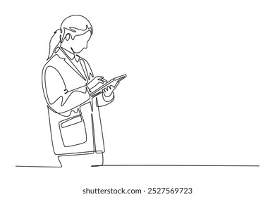 Linha única contínua desenhando a médica em pé e segurando a prancheta para verificar o estado do paciente do registro médico no hospital. Conceito de assistência médica. Ilustração vetorial de design gráfico de uma linha