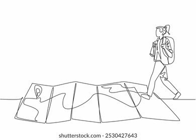 Single continuous line drawing female backpacker walking on a creased map. Step firmly following the directions. Route to healing. National Read a Road Map Day. One line design vector illustration