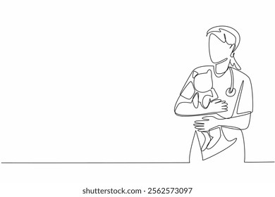 Single continuous line drawing female veterinarian holding a cat. Calming before taking further action. Do it voluntarily. The professional. World Veterinary Day. One line design vector illustration