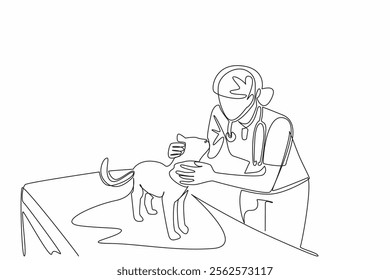 Single continuous line drawing female veterinarian examining head of cat. Check carefully. Focus on the eyes. Performing a diagnosis. Work. World Veterinary Day. One line design vector illustration