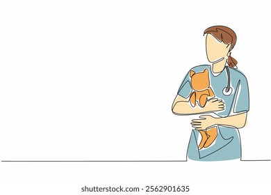 Single continuous line drawing female veterinarian holding a cat. Calming before taking further action. Do it voluntarily. The professional. World Veterinary Day. One line design vector illustration