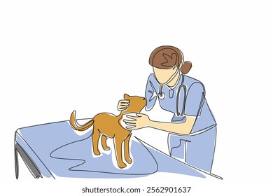 Single continuous line drawing female veterinarian examining head of cat. Check carefully. Focus on the eyes. Performing a diagnosis. Work. World Veterinary Day. One line design vector illustration