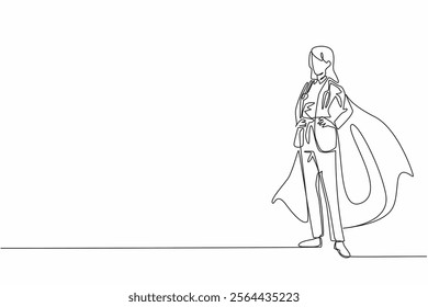 Single continuous line drawing female doctor standing wearing robe and wings. Professional workers who seem to work all the time. Tireless. National Superhero Day. One line design vector illustration