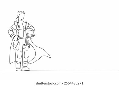 Single continuous line drawing female firefighter in full uniform and wings holding waist. Have the same ability as men. Skilled worker. National Superhero Day. One line design vector illustration