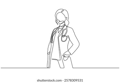 Single continuous line drawing a female doctor standing confidently with her arms crossed, One continuous line drawing female doctor with stethoscope.