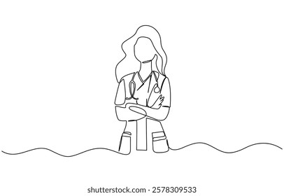 Single continuous line drawing a female doctor standing confidently with her arms crossed, One continuous line drawing female doctor with stethoscope.