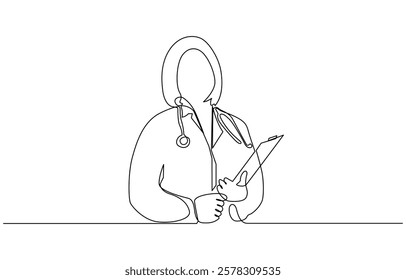 Single continuous line drawing a female doctor standing confidently with her arms crossed, One continuous line drawing female doctor with stethoscope.