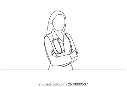 Single continuous line drawing a female doctor standing confidently with her arms crossed, One continuous line drawing female doctor with stethoscope.