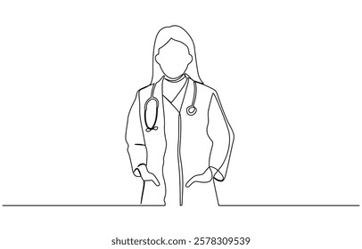 Single continuous line drawing a female doctor standing confidently with her arms crossed, One continuous line drawing female doctor with stethoscope.