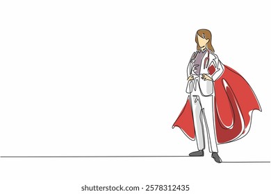 Single continuous line drawing female doctor standing wearing robe and wings. Professional workers who seem to work all the time. Tireless. National Superhero Day. One line design vector illustration