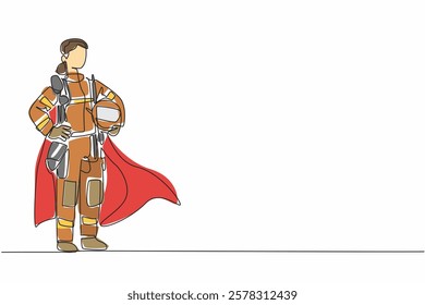 Single continuous line drawing female firefighter in full uniform and wings holding waist. Have the same ability as men. Skilled worker. National Superhero Day. One line design vector illustration