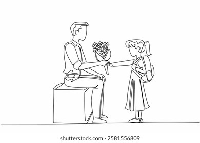 Single continuous line drawing female student gives bouquet of flowers to the teacher sitting on bench. A sincere expression of gratitude. National Day of Teacher. One line design vector illustration